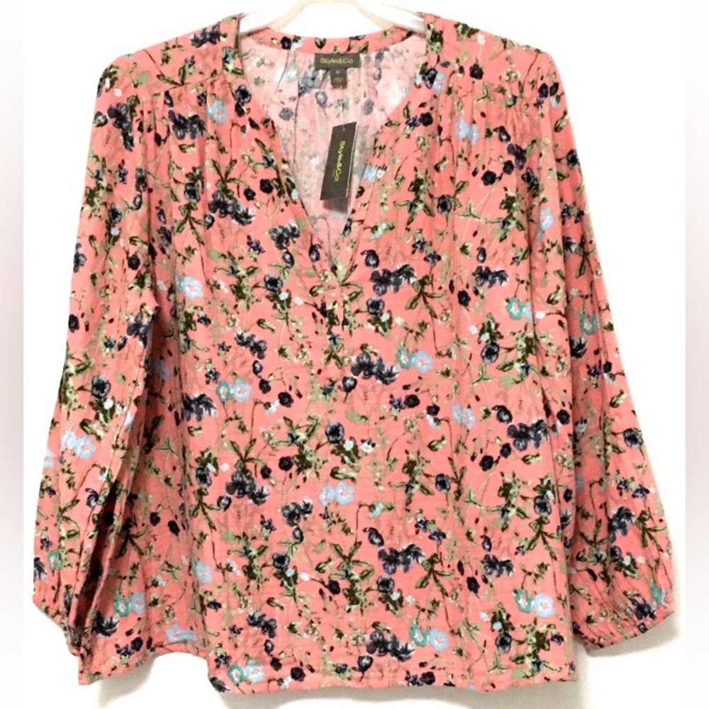 Style & Co Women's 3X Floral Salmon Split V-Neck Long Sleeve Pullover Blouse